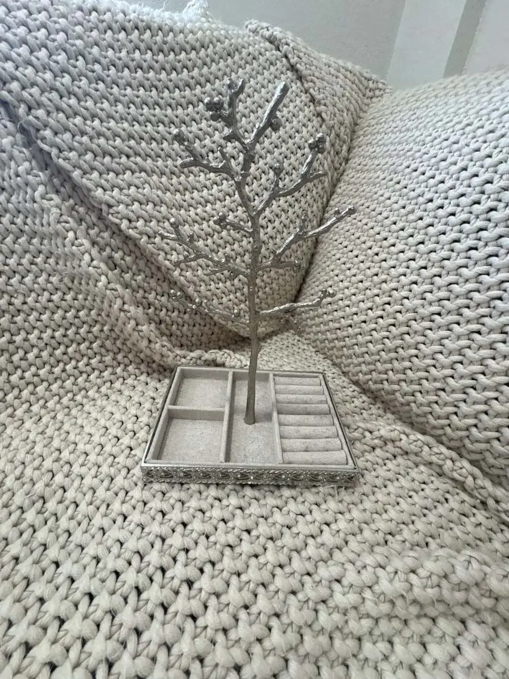 Silver Bird Tree Jewelry Organizer with Compartment Tray